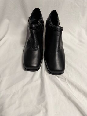 Enzo Angiolini Black Square-Toe Leather Ankle Booties with Strap